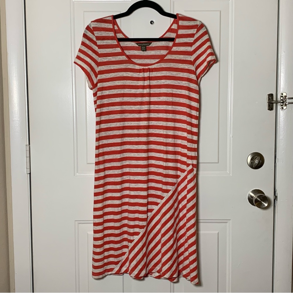 Tommy Bahama 100% Linen Dress Size Medium Reddish Orange and White Stripe
